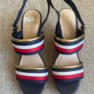 Tommy Hilfiger Navy, White & Red Striped Slingback Sandals with Gold Trim
